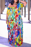 Multicolor Casual Print Pocket Slit V Neck Long Dresses