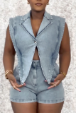 Black Sexy Casual Solid Color Buttons Irregular Turndown Collar Sleeveless Denim Ropmer