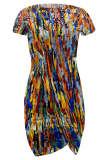 Blue Sexy Print Slit O Neck Irregular Dresses