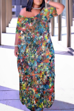 Multicolor Casual Print Pocket Slit V Neck Long Dresses