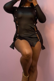 Black Sexy Solid Color Hollow Out O Neck Wrapped Skirt Dresses