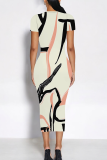 Beige Casual Print Contrast O Neck Wrapped Skirt Dresses