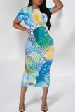 Beige Casual Print Contrast O Neck Wrapped Skirt Dresses