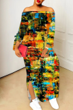 Light Purple Casual Print Slit Off Shoulder Long Dresses