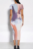 Beige Casual Print Contrast O Neck Wrapped Skirt Dresses