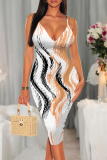 Stripe Sexy Print Patchwork Spaghetti Strap Wrapped Skirt Dresses