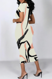 Beige Casual Print Contrast O Neck Wrapped Skirt Dresses