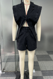 Black Sexy Casual Solid Color Buttons Irregular Turndown Collar Sleeveless Denim Ropmer