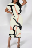 Beige Casual Print Contrast O Neck Wrapped Skirt Dresses