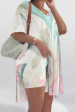 Rose Red Casual Print Slit V Neck Short Sleeve Two Pieces