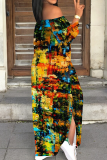 Light Purple Casual Print Slit Off Shoulder Long Dresses