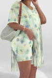 Rose Red Casual Print Slit V Neck Short Sleeve Two Pieces