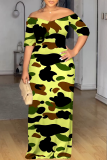 Fluorescent Yellow Casual Print Patchwork Off Shoulder Long Dresses