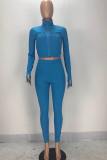 Blue Fashion Sexy adult Ma'am Letter Solid Two Piece Suits pencil Long Sleeve Two Pieces