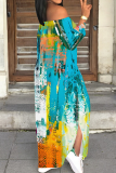 Light Purple Casual Print Slit Off Shoulder Long Dresses