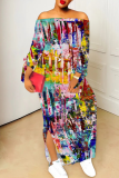 Light Purple Casual Print Slit Off Shoulder Long Dresses