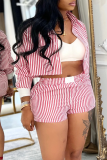 Red Casual Stripe Buckle Turndown Collar Long Sleeve Two Pieces