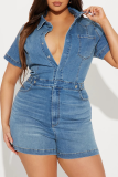Blue Casual Solid Color Pocket Buckle Turndown Collar Short Sleeve Regular Denim Jumpsuits