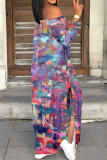 Light Purple Casual Print Slit Off Shoulder Long Dresses
