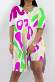 Rose Red Casual Print Slit V Neck Short Sleeve Two Pieces