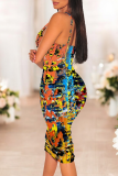 Multi-color Sexy Print Patchwork Spaghetti Strap Wrapped Skirt Dresses