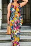 Red Purple Casual Print Patchwork O Neck Long Dresses