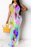 White Sexy Print Hollow Out O Neck Long Dresses