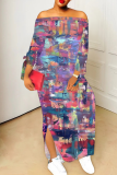 Light Purple Casual Print Slit Off Shoulder Long Dresses