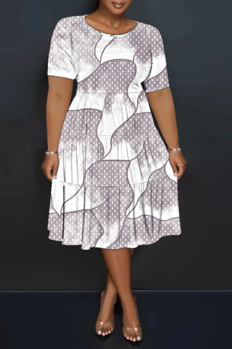 White Casual Print Patchwork O Neck Long Plus Size Dresses