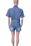 Blue Casual Solid Color Pocket Buckle Turndown Collar Short Sleeve Regular Denim Jumpsuits