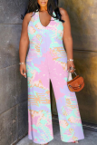 Light Color Casual Print Backless Halter Loose Jumpsuits