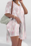 Rose Red Casual Print Slit V Neck Short Sleeve Two Pieces