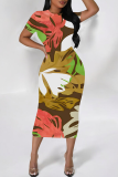 Beige Casual Print Contrast O Neck Wrapped Skirt Dresses