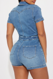Blue Casual Solid Color Pocket Buckle Turndown Collar Short Sleeve Regular Denim Jumpsuits