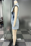 Black Sexy Casual Solid Color Buttons Irregular Turndown Collar Sleeveless Denim Ropmer