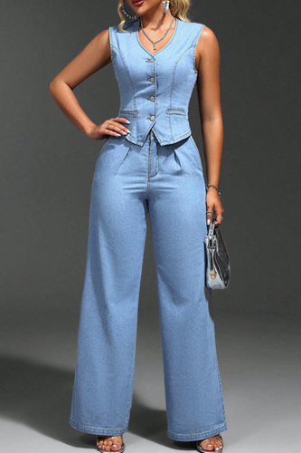 Light Blue Casual Solid Color Buckle V Neck Sleeveless Two Pieces