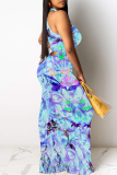 White Sexy Print Hollow Out O Neck Long Dresses