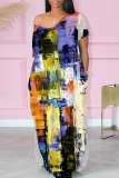 Multicolor Casual Print Pocket Slit V Neck Long Dresses