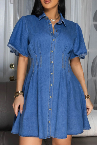 Blue Casual Solid Color Buckle Turndown Collar Short Sleeve Loose Denim Dresses