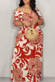 Fluorescent Yellow Casual Print Patchwork Off Shoulder Long Dresses