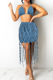 Light Blue Sexy Solid Color Fringed Trim Halter Sleeveless Two Pieces
