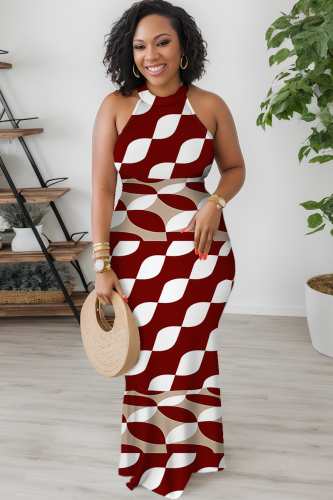Red Sexy Print Hollow Out O Neck Long Dresses