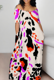 Fluorescent Yellow Casual Print Patchwork Off Shoulder Long Dresses