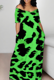 Fluorescent Yellow Casual Print Patchwork Off Shoulder Long Dresses