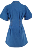 Blue Casual Solid Color Buckle Turndown Collar Short Sleeve Loose Denim Dresses