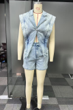Black Sexy Casual Solid Color Buttons Irregular Turndown Collar Sleeveless Denim Ropmer