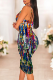 Multi-color Sexy Print Patchwork Spaghetti Strap Wrapped Skirt Dresses
