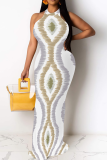 White Sexy Print Hollow Out O Neck Long Dresses