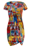 Blue Sexy Print Slit O Neck Irregular Dresses
