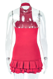 Red Sexy Solid Color Backless Halter Cake Skirt Dresses